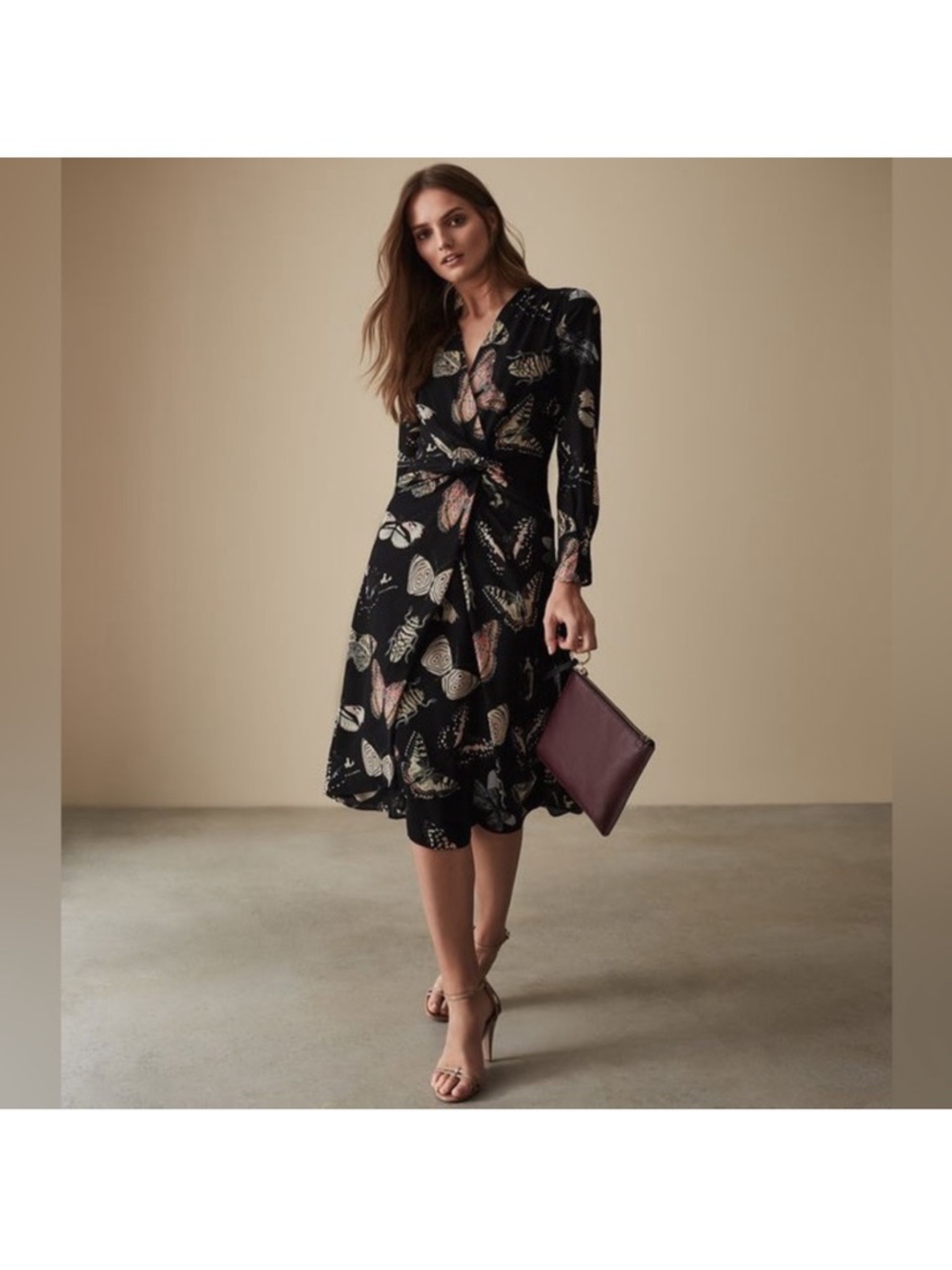 REISS Lita Knotted Waist Buttetflies Dragonflies and Beetles V Neck MIDI Dress